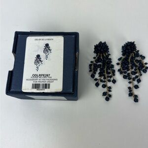 Oscar De La Renta, Azure Beaded Cascade ClipOn Earrings-4”.Color: NavyBlue/Gold.